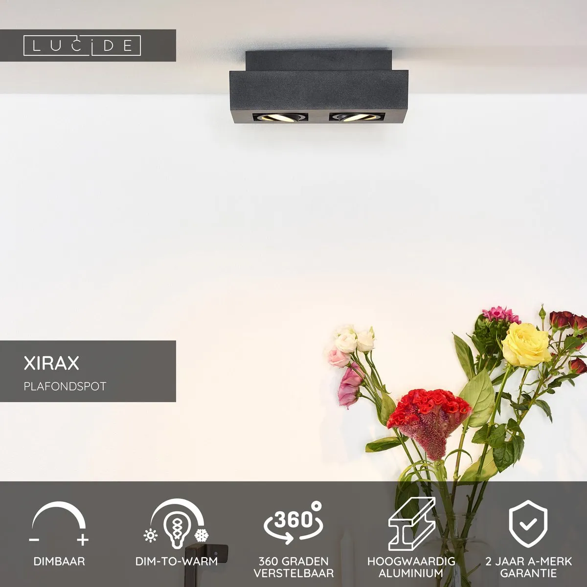 Lucide XIRAX Plafondspot LED Dim-to-Warm GU10 2x5W - Zwart