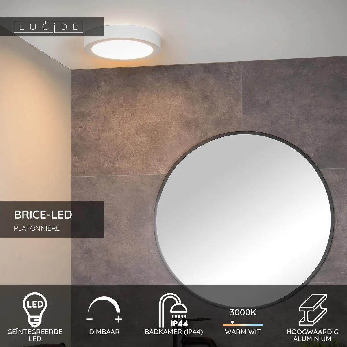 Lucide BRICE-LED Plafonnière Badkamer - Ø24cm LED 15W 3000K IP44 Wit
