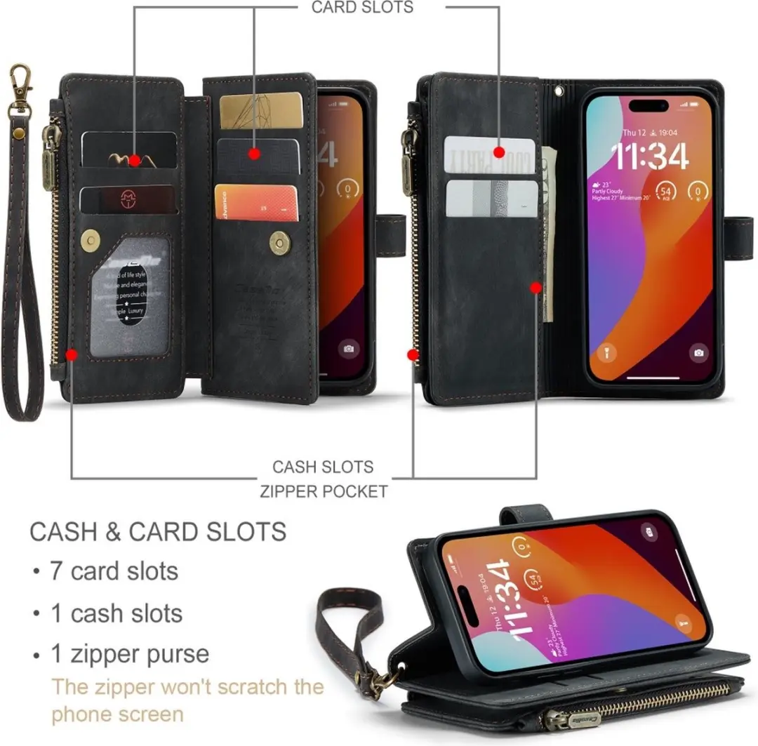 CaseMe C30 Book Case iPhone 16 Pro Hoesje - 7 Pasjes - Zwart