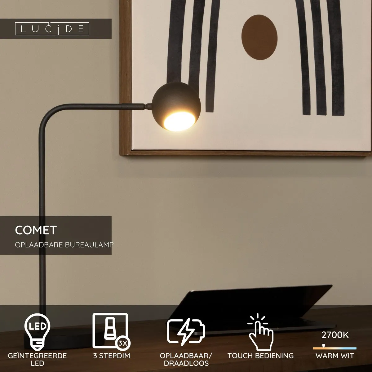 Lucide COMET Oplaadbare Bureaulamp 3W - Zwart