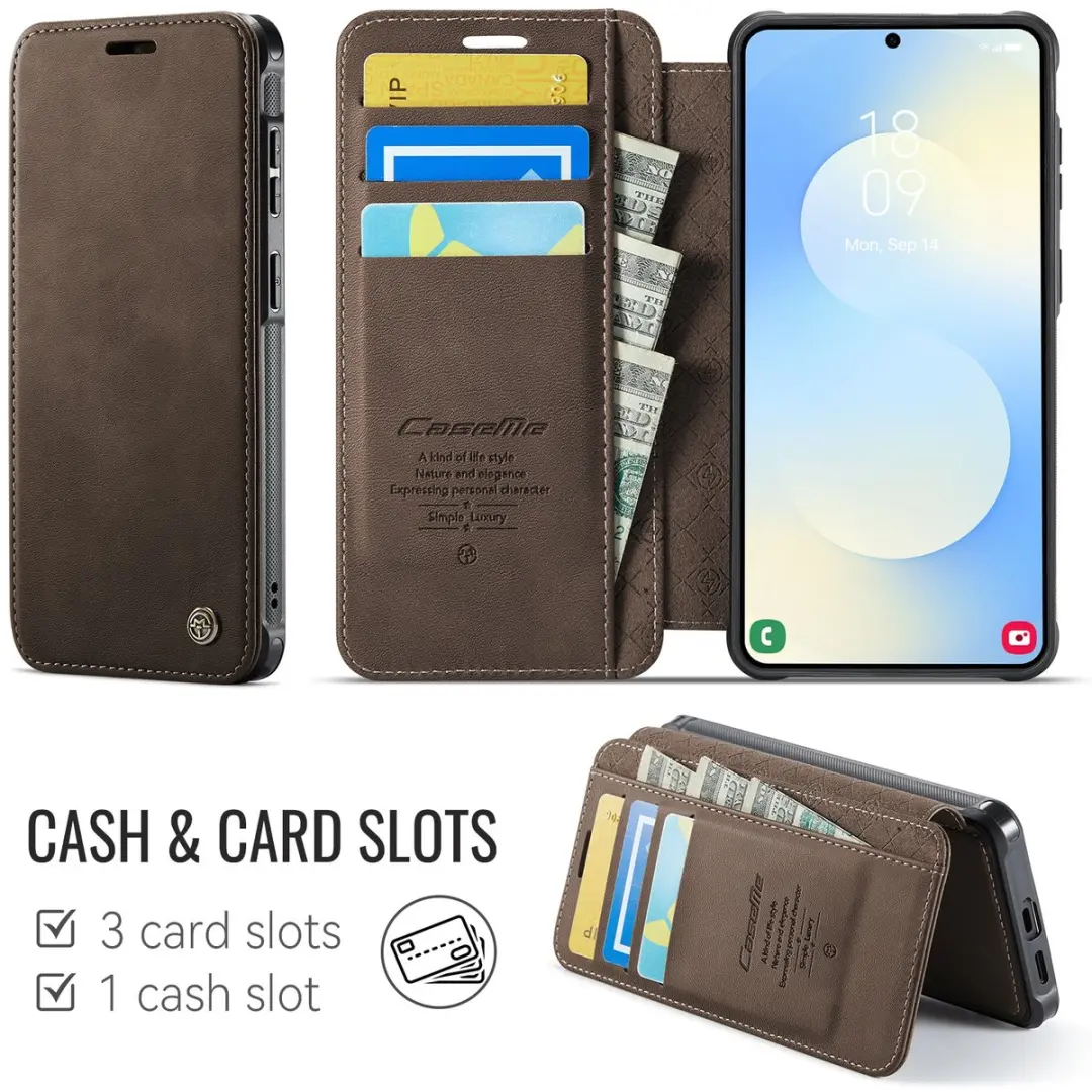 Caseme 053 Slim Book Case Hoesje - Samsung Galaxy S24 FE - MagSafe - 3 Pasjes - Bruin