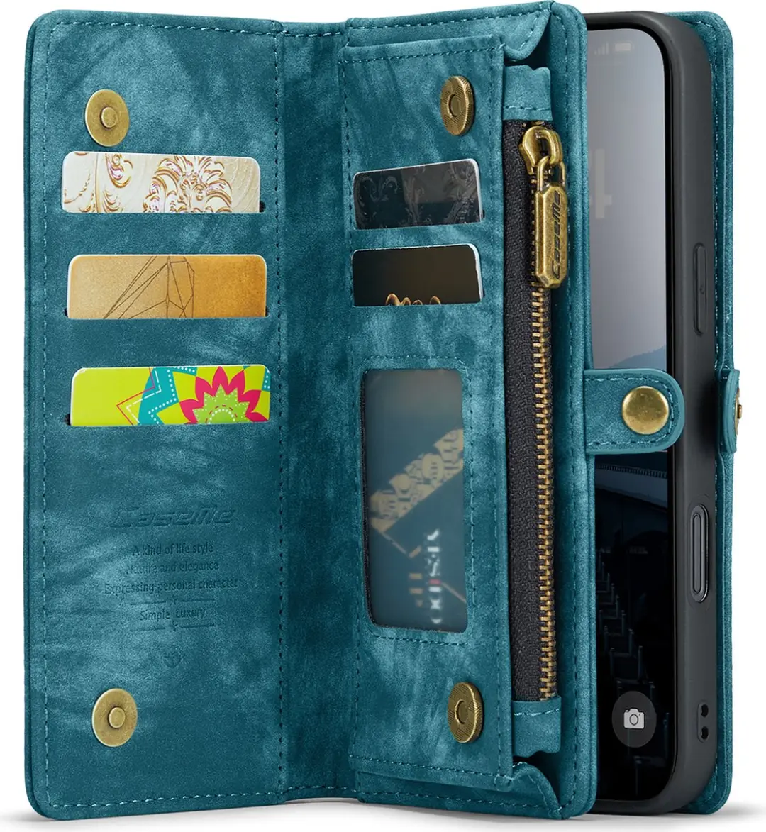Caseme CSM-8551320 Bookcase Hoesje iPhone 16 - Effen Blauw - 10 Vakjes