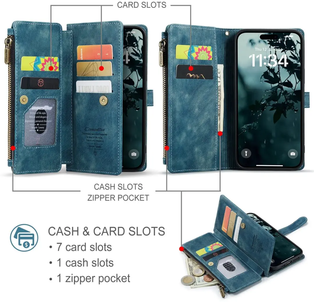 CaseMe C30 Book Case Hoesje iPhone 17 - Blauw - 10 Pasjes - afbeelding 6 van 6