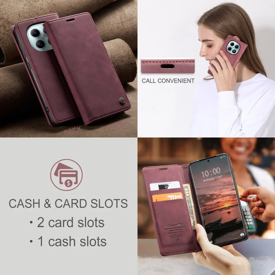 Caseme 013 Book Case Hoesje - Xiaomi Redmi Note 15/Poco M8 - 2 Pasjes - Bordeaux - afbeelding 6 van 6