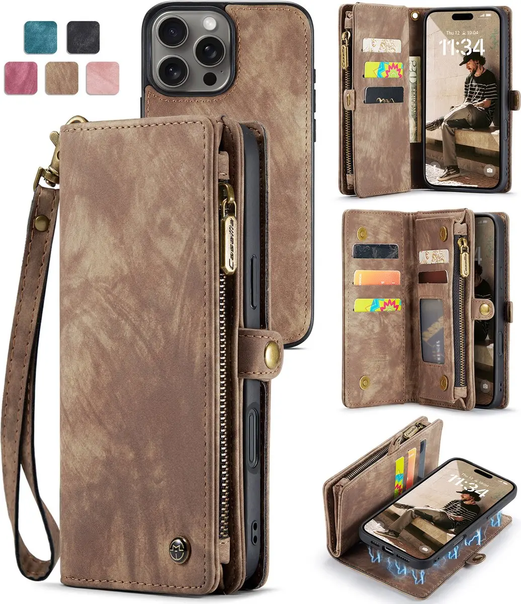 Caseme iPhone 16 Pro Max Telefoonhoesje 2-in-1 Book Case - Bruin