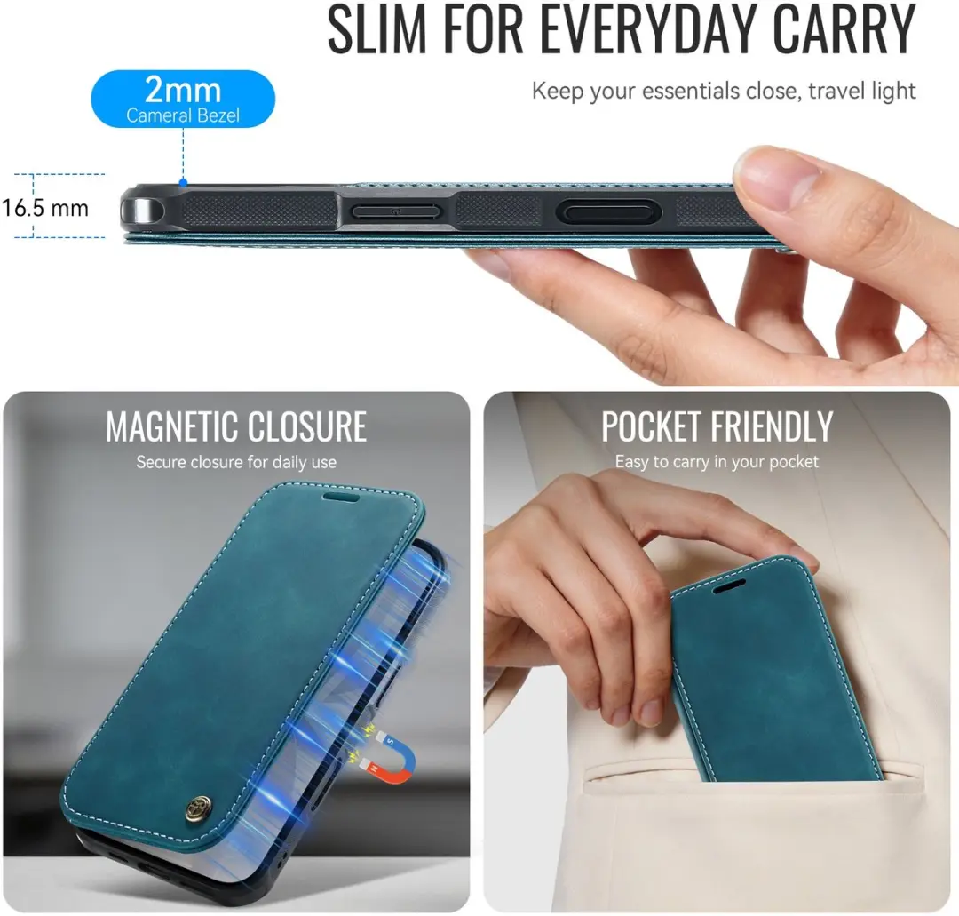 Caseme 053 Slim Book Case iPhone 17 Hoesje - MagSafe - Blauw - 3 Pasjes