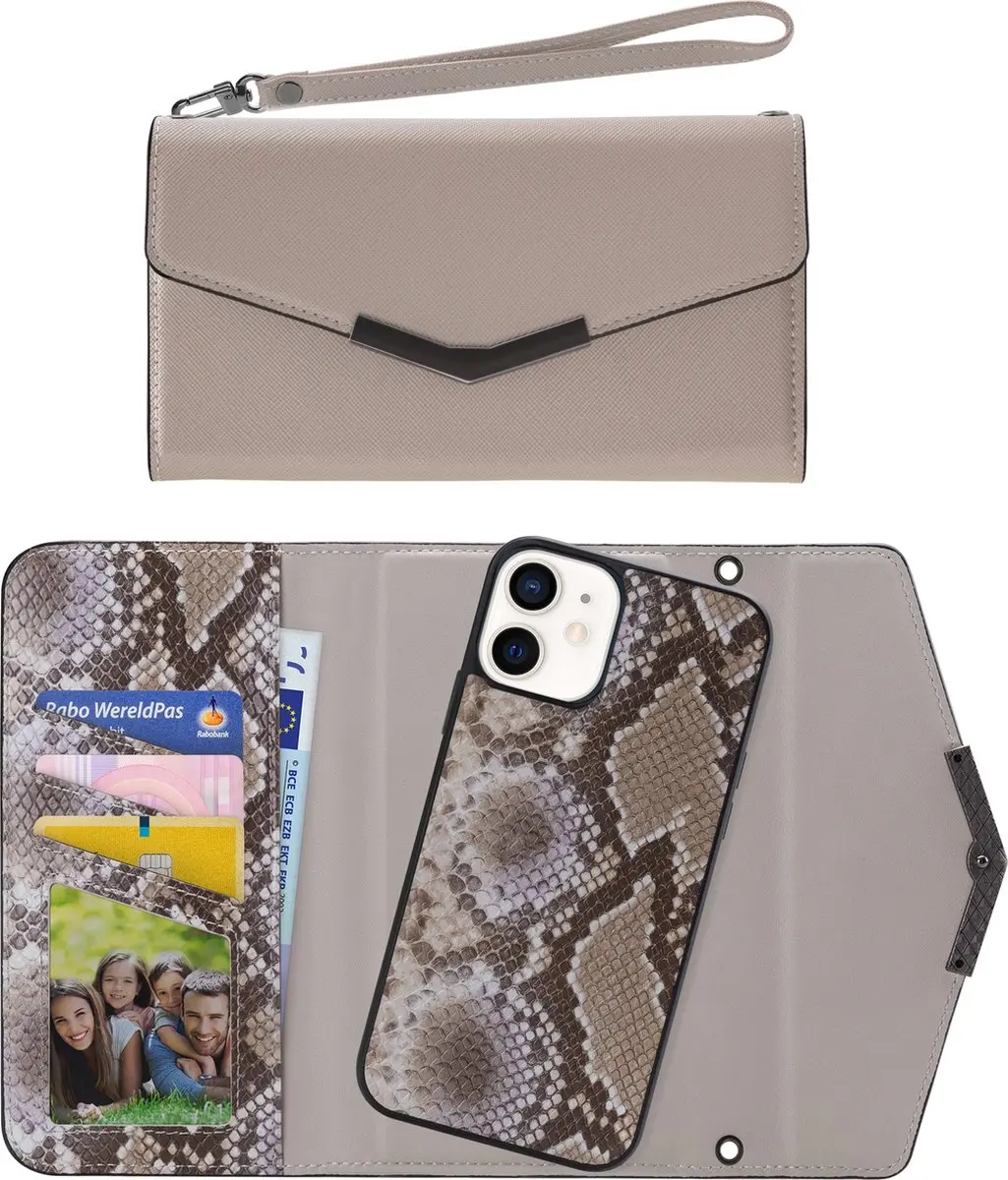 Mobilize iPhone 12 Mini Clutch Case - Slangenprint Beige - 5 Pasjes