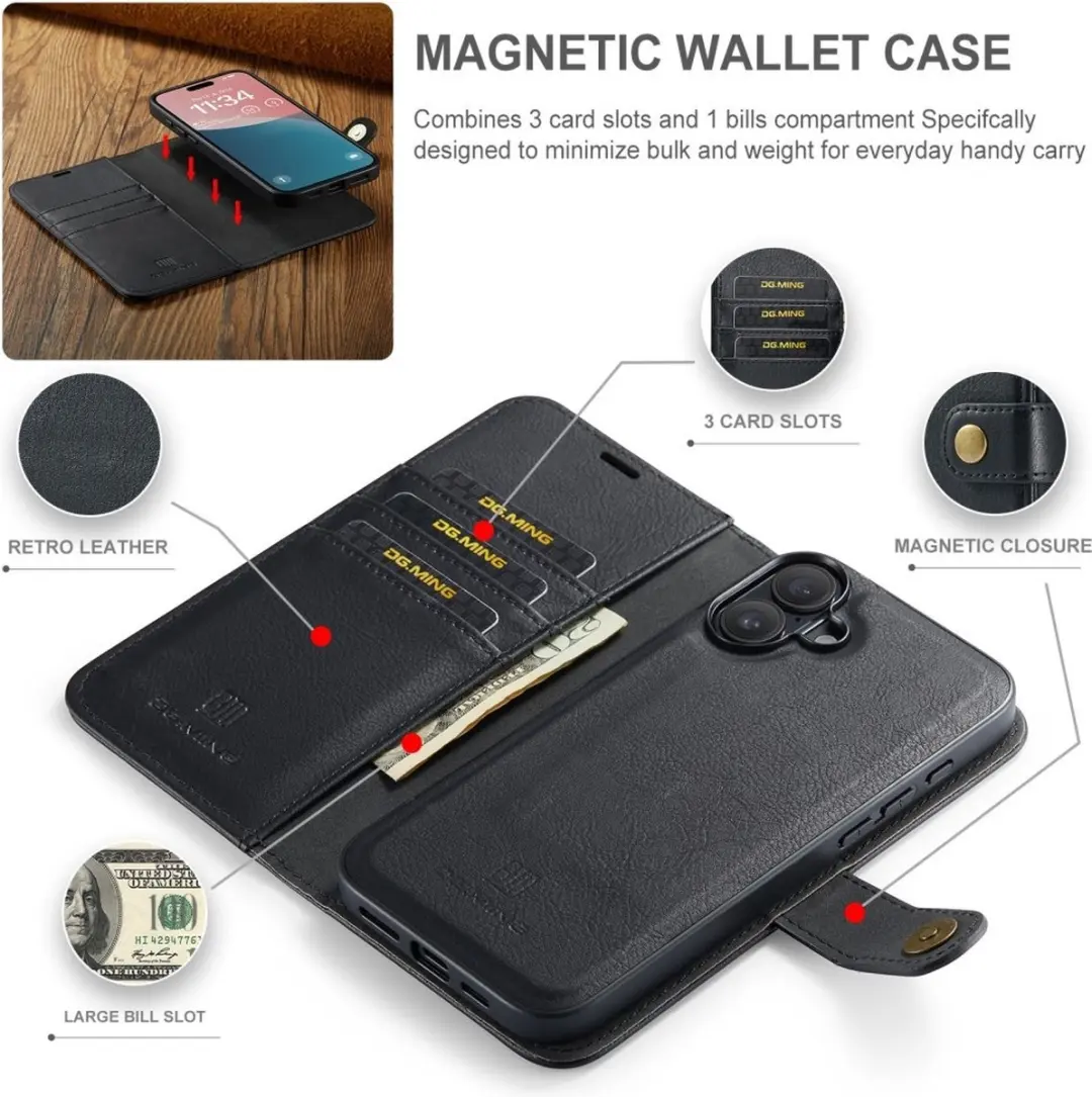 DG.MING iPhone 16 Plus Hoesje 2-in-1 Book Case - Zwart - afbeelding 6 van 6