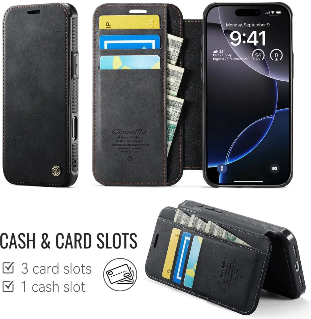 Caseme 053 Slim Book Case Hoesje - iPhone 16 Pro - MagSafe - 3 Pasjes - Zwart