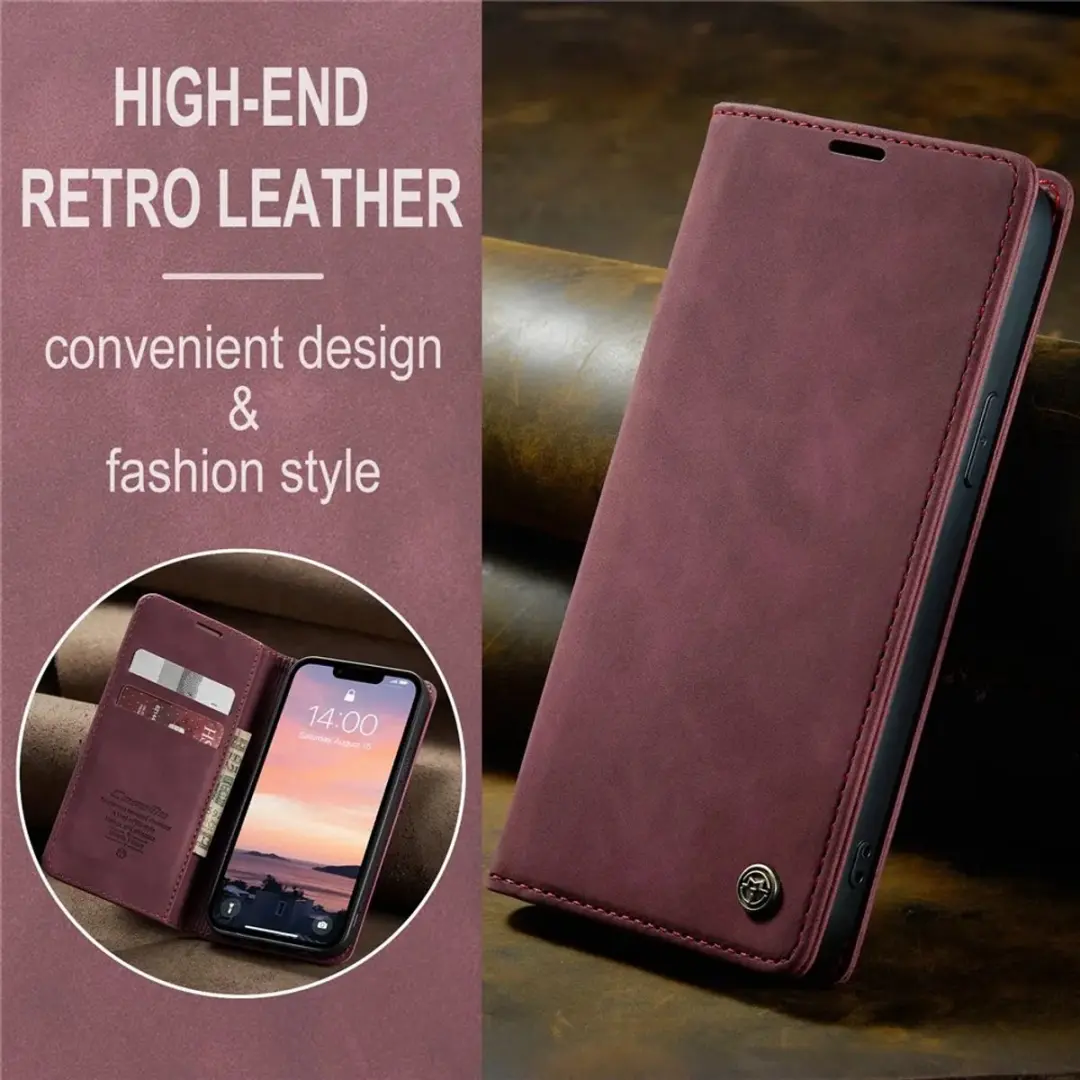 Caseme Retro Texture Book Wallet Case iPhone 16e - Bordeaux