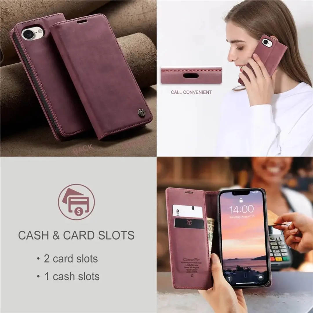 Caseme Retro Texture Book Wallet Case iPhone 16e - Bordeaux