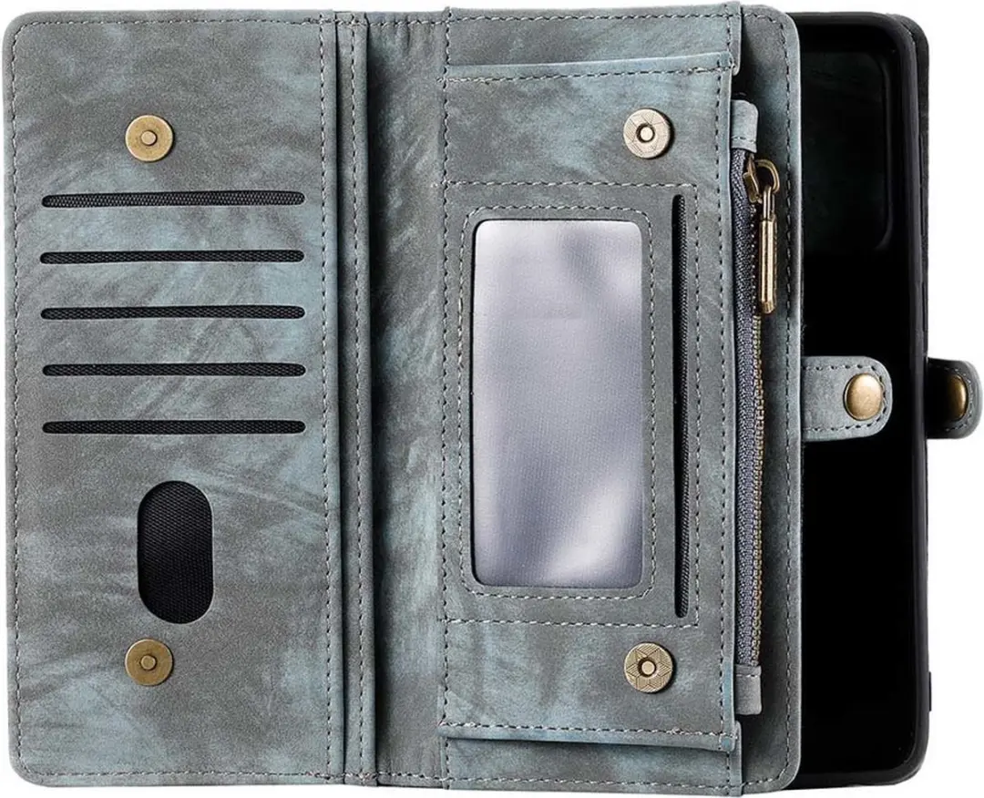 Caseme Samsung Galaxy S22 Ultra Hoesje Portemonnee Vintage Blauw - 12 Pasjes