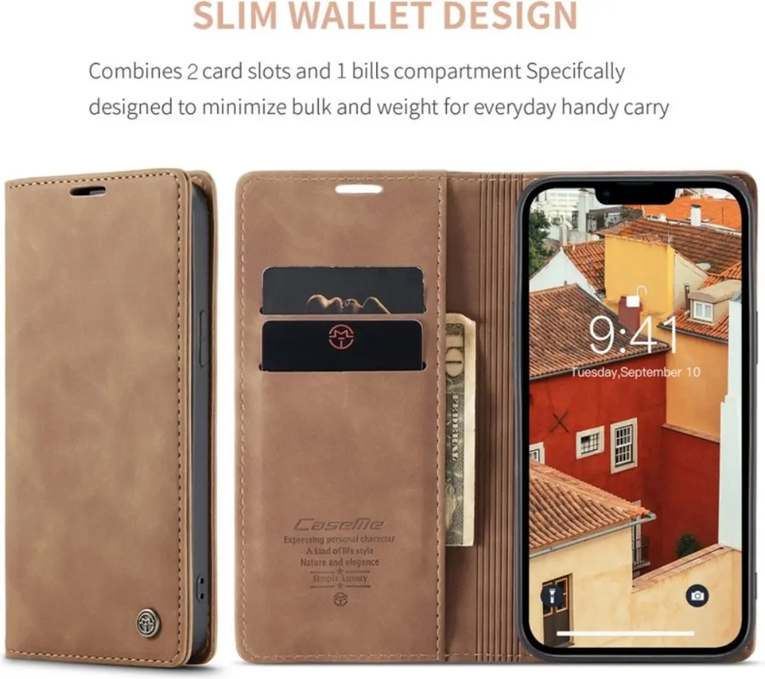 Caseme 013 Book Case iPhone 14 Hoesje - 2 Pasjes - Bruin