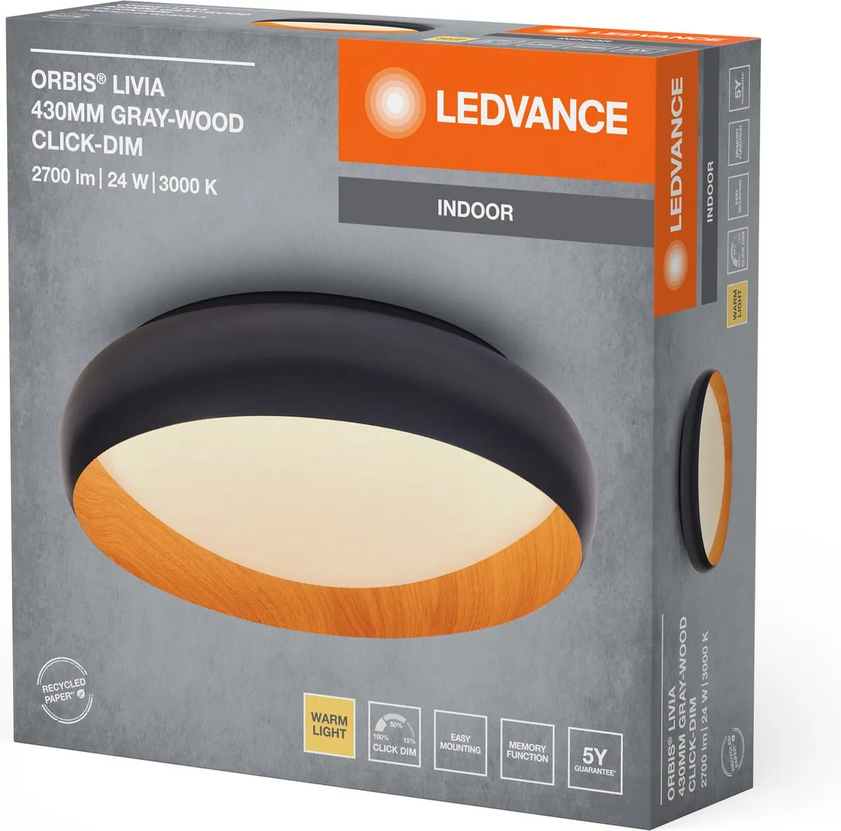 LEDVANCE Orbis Livia LED Plafondlamp 24W 1200lm - Grijs/Houtdecor