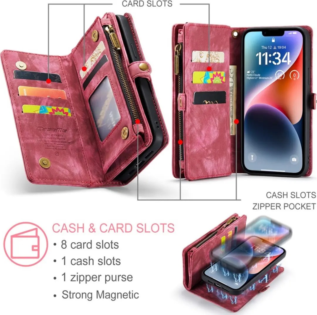 Caseme 008 iPhone 15 Hoesje - 2-in-1 Book Case & Portemonnee - 8 Pasjes - Pink