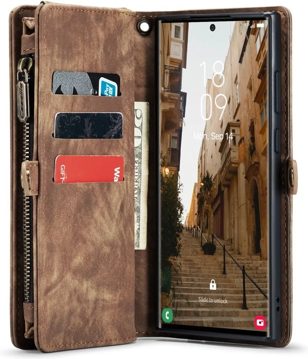 Caseme 008 Hoesje Samsung Galaxy S23 Ultra - 2-in-1 Book Case - 8 Pasjes - Bruin
