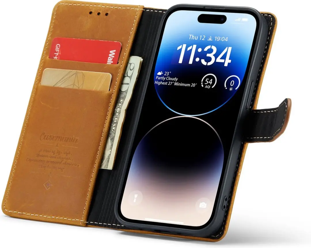 Caseme iPhone 14 Pro Boekkast Hoesje - Effen Cognac - 3 Pasjes