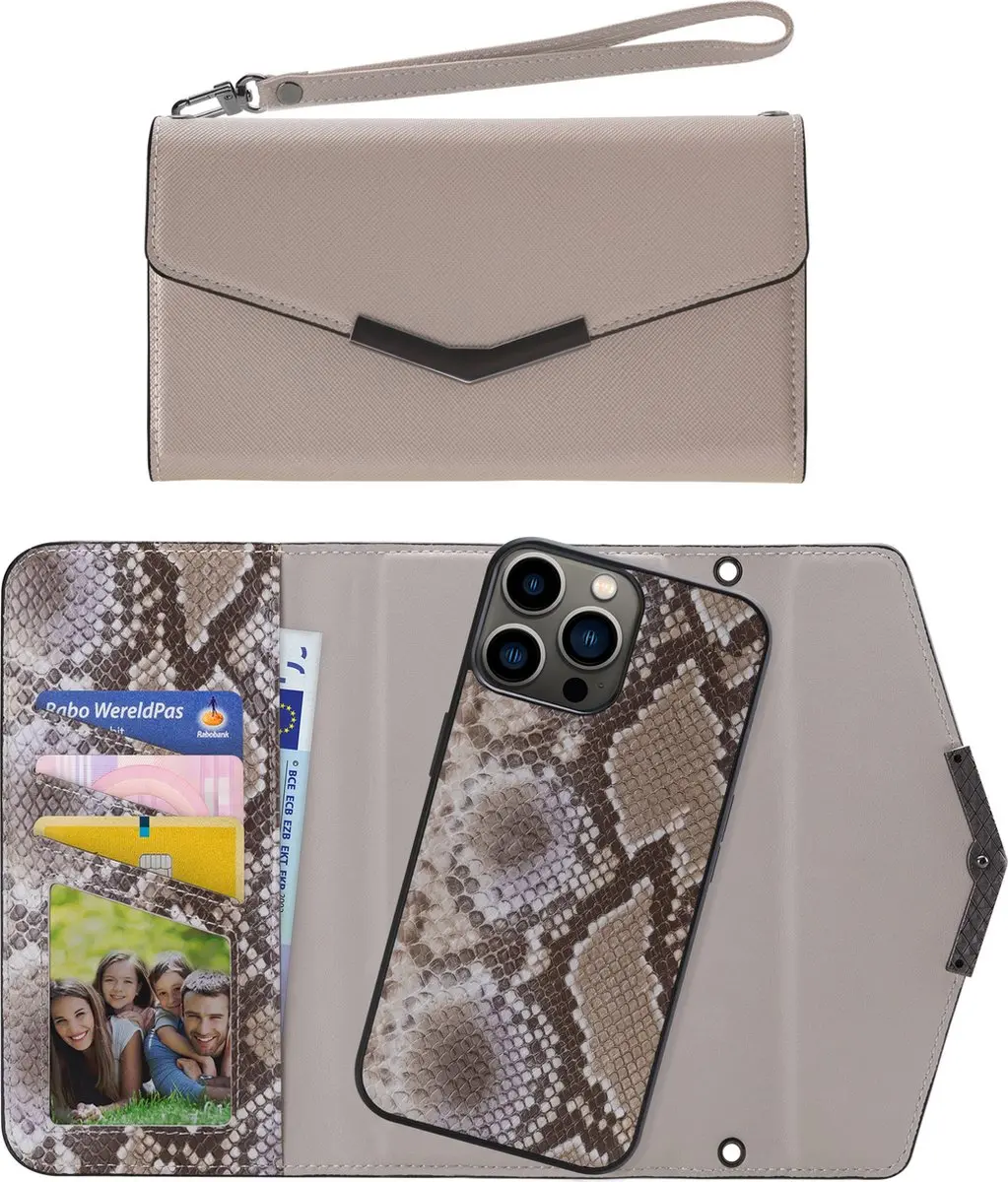 Mobilize iPhone 13 Pro Clutch Case - Slangenprint Beige - 5 Pasjes