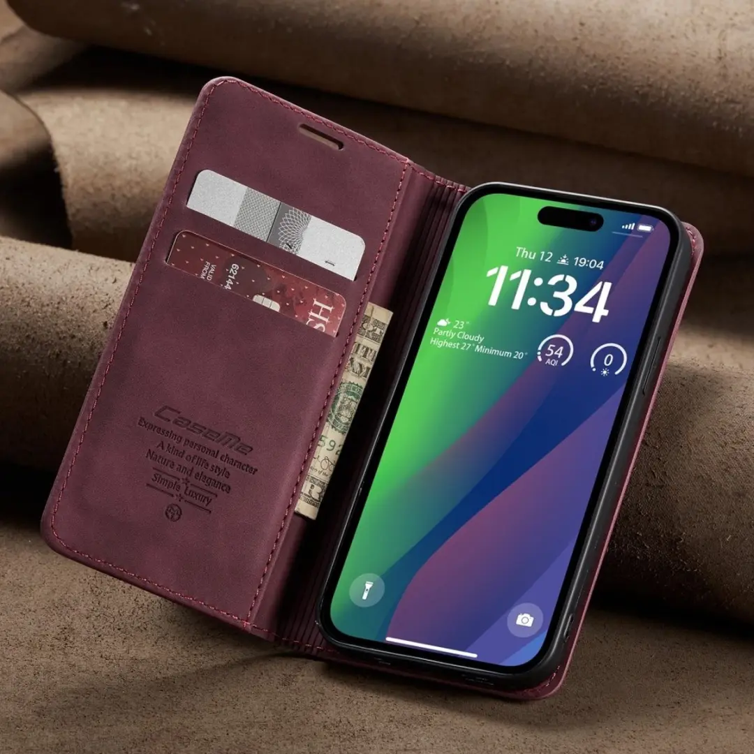 Caseme 013 Book Case iPhone 16 Hoesje - 2 Pasjes - Bordeaux - afbeelding 6 van 6