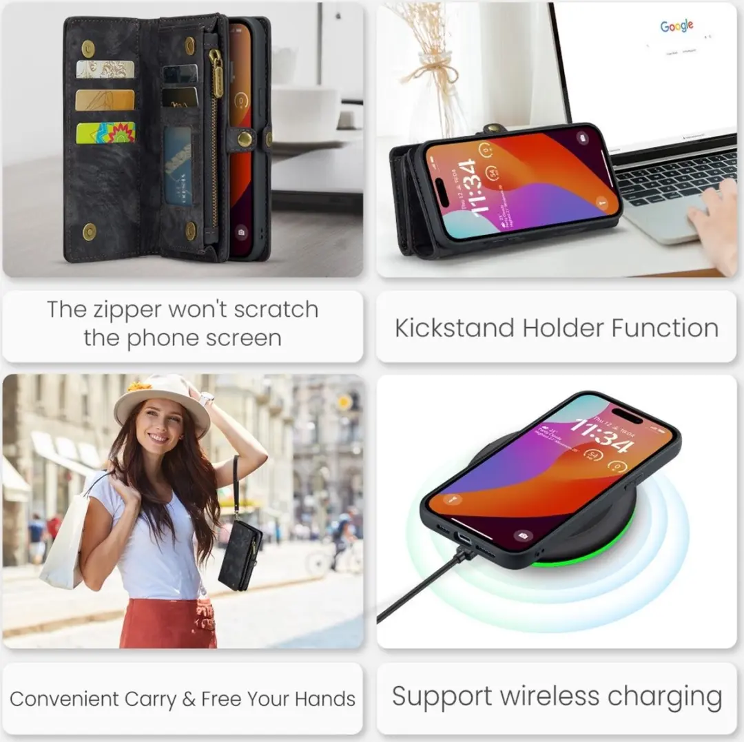 CaseMe 008 iPhone 16 Pro Hoesje - 2-in-1 Book Case & Portemonnee - Zwart