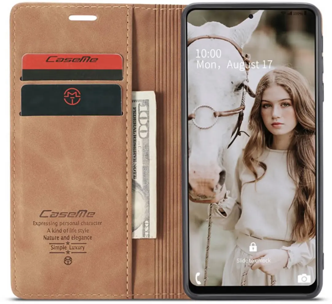 Caseme Hoesje Samsung Galaxy A72 5G Wallet Book - Magneetsluiting - Licht Bruin