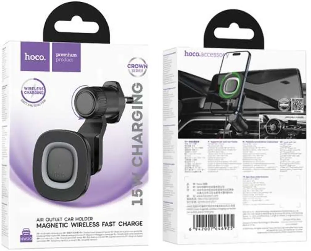 Hoco HW30 Magnetische Telefoonhouder Auto - 15W Draadloos Opladen - Zwart