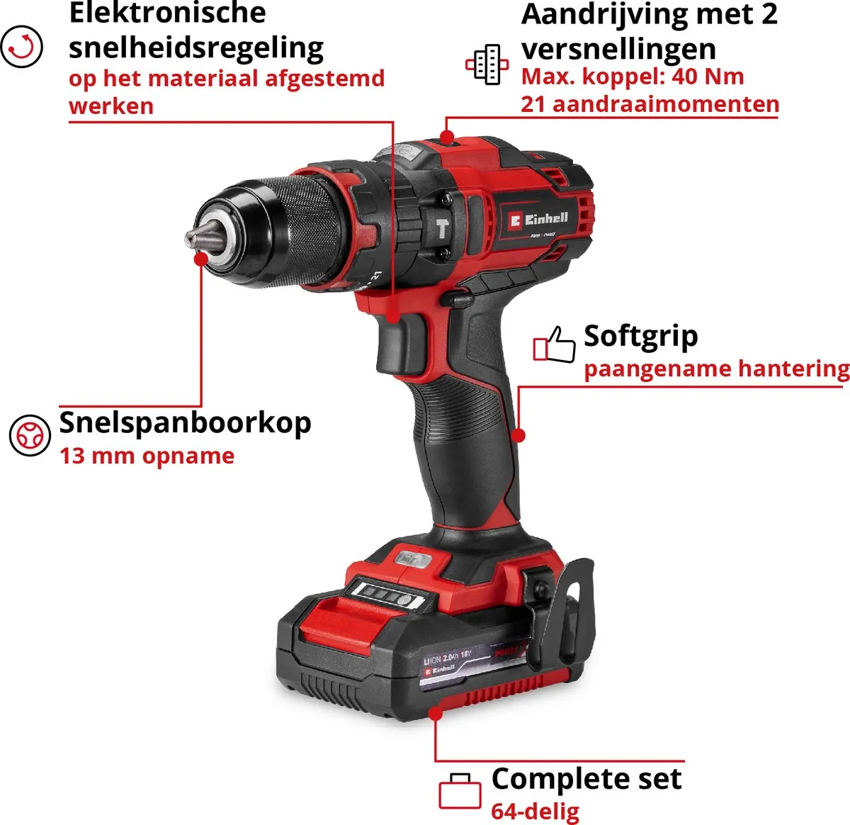 Einhell TE-CD 18/40 Li-i Accu Klopboormachine - 18V - 40Nm - 24.000 Slagen