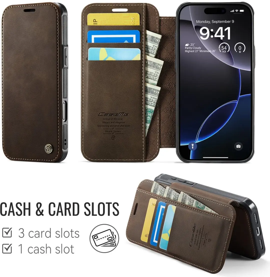 Caseme 053 Slim Book Case iPhone 16 Pro Max - MagSafe - 3 Pasjes - Bruin
