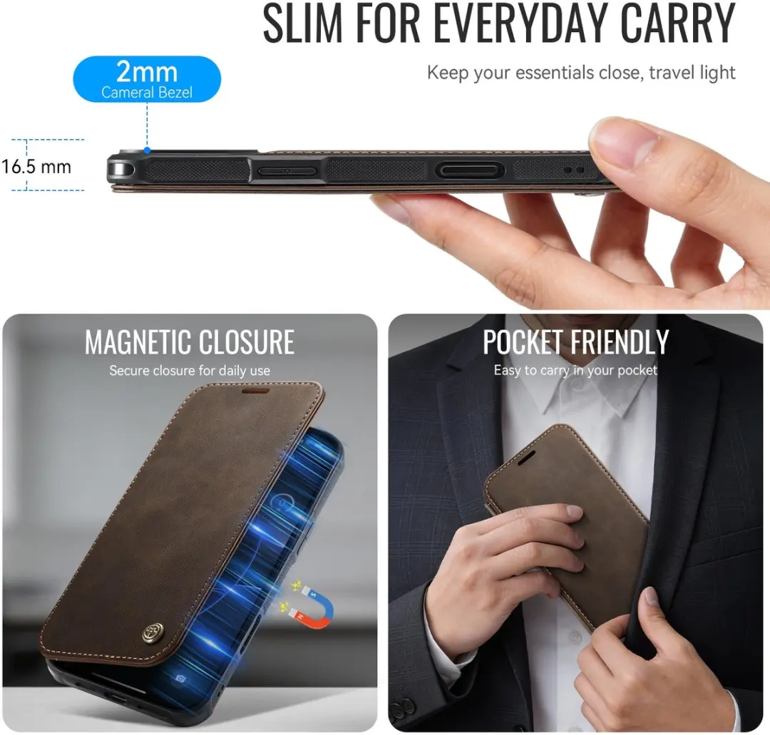 Caseme 053 Slim Book Case iPhone 16 Pro Max - MagSafe - 3 Pasjes - Bruin