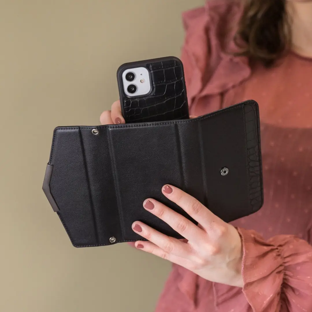 Mobilize iPhone 12 Pro Max Clutch Case - Croco Zwart - 5 Pasjes