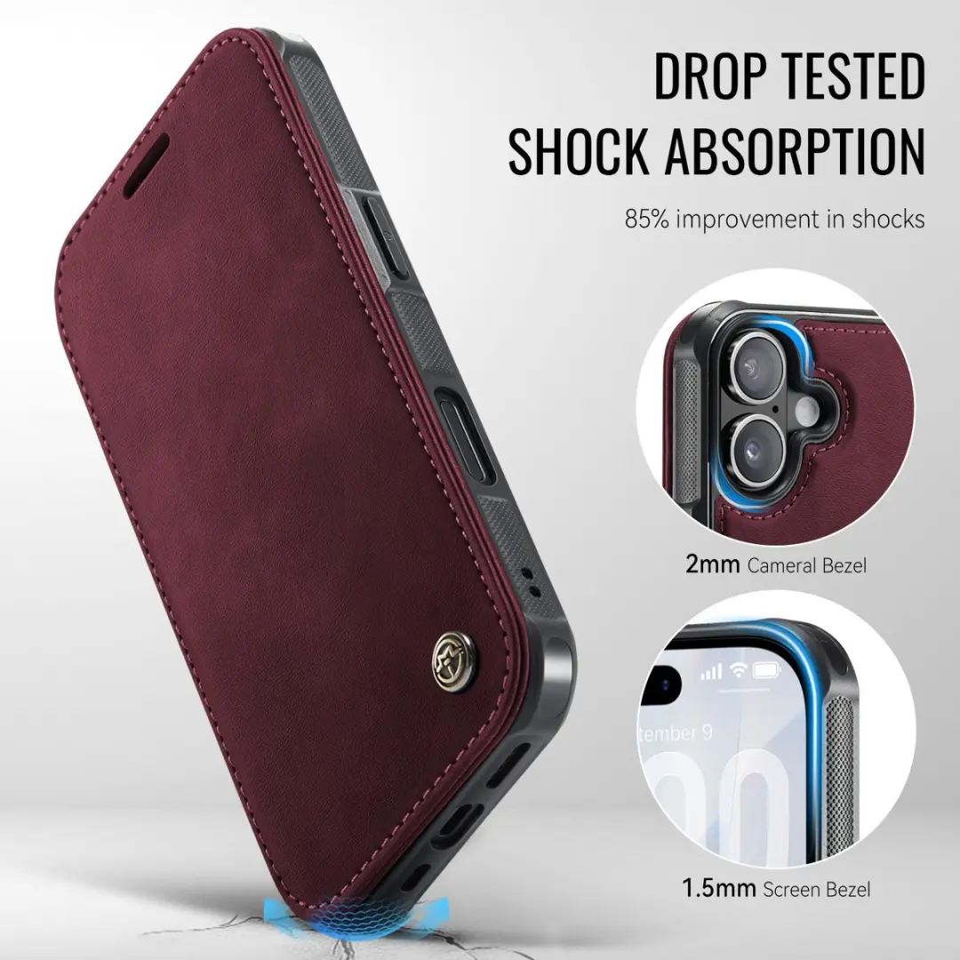 CaseMe 053 Slim Book Case iPhone 16 Hoesje - MagSafe - Rood - 3 Pasjes