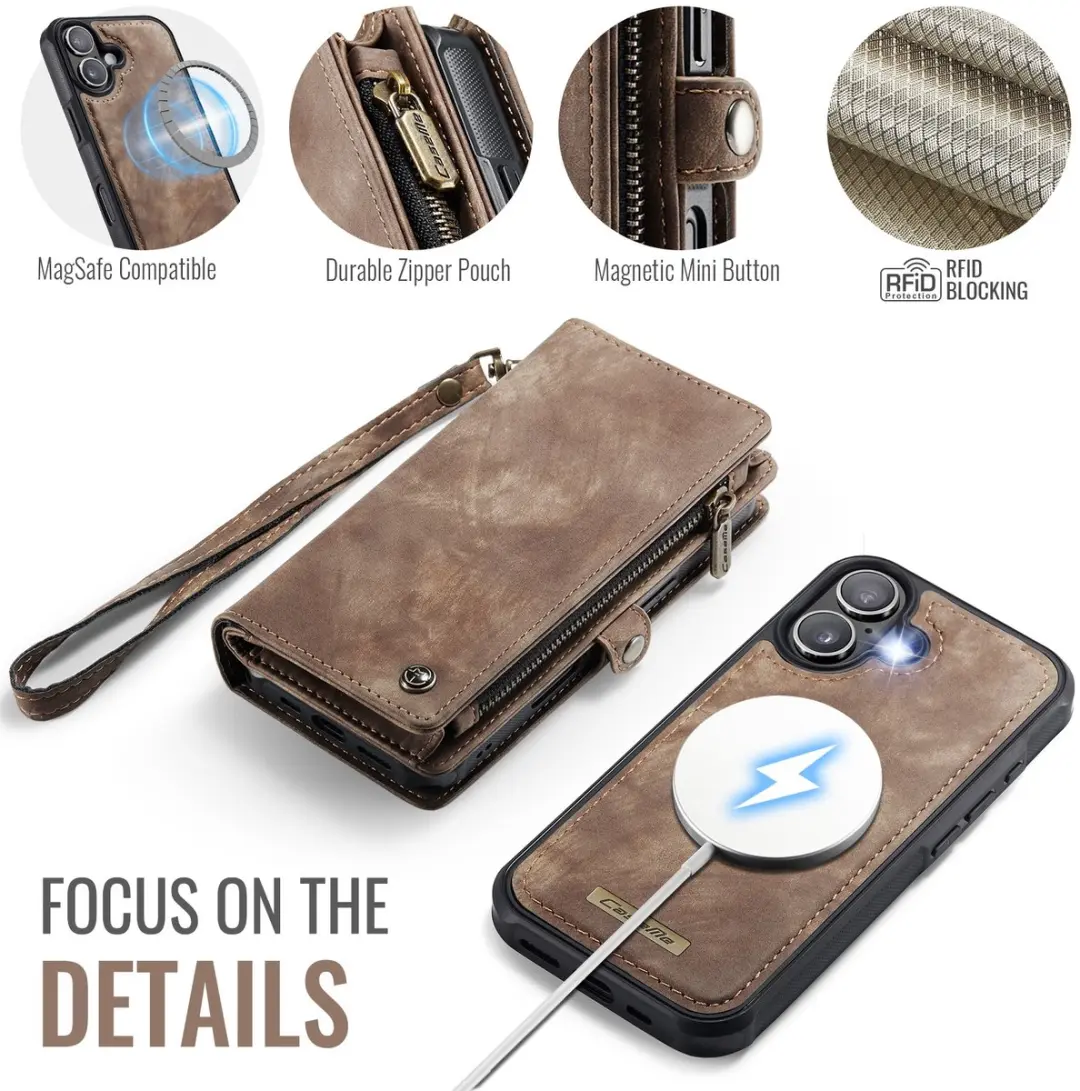 CaseMe 008 iPhone 17 Hoesje - 2-in-1 Book Case & Portemonnee Bruin