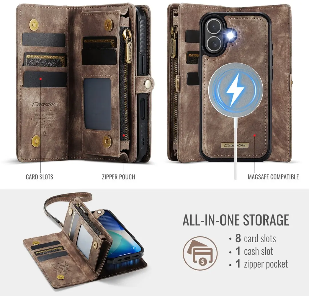 CaseMe 008 iPhone 17 Hoesje - 2-in-1 Book Case & Portemonnee Bruin