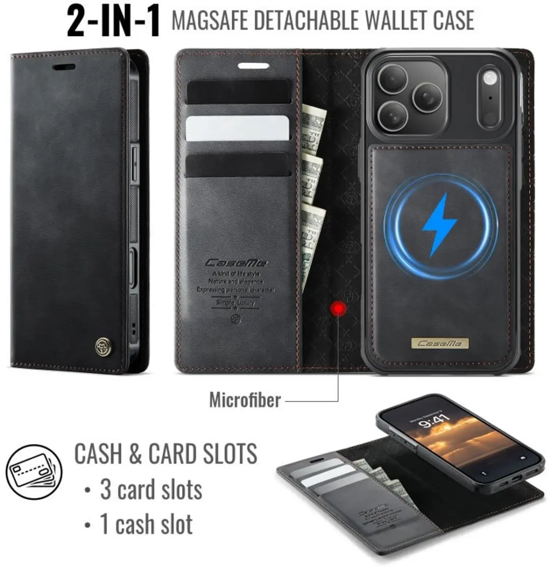Caseme iPhone 17 Pro Portemonneehoes 2-in-1 - Zwart