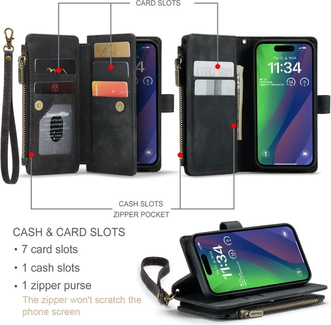 CaseMe C30 Book Case iPhone 16 Hoesje - 7 Pasjes - Zwart