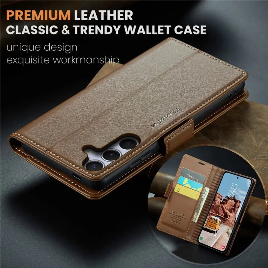 Caseme Litchi Texture Book Wallet Hoesje Samsung Galaxy S25 Plus - 3 Pasjes - Bruin