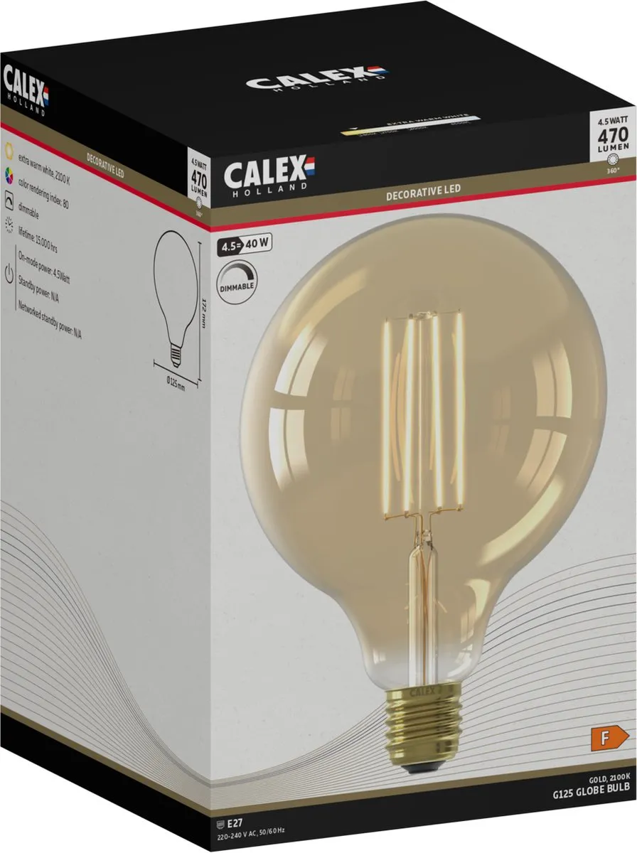 Calex Filament LED G125 E27 - 4.5W Warm Wit 2100K - Goud