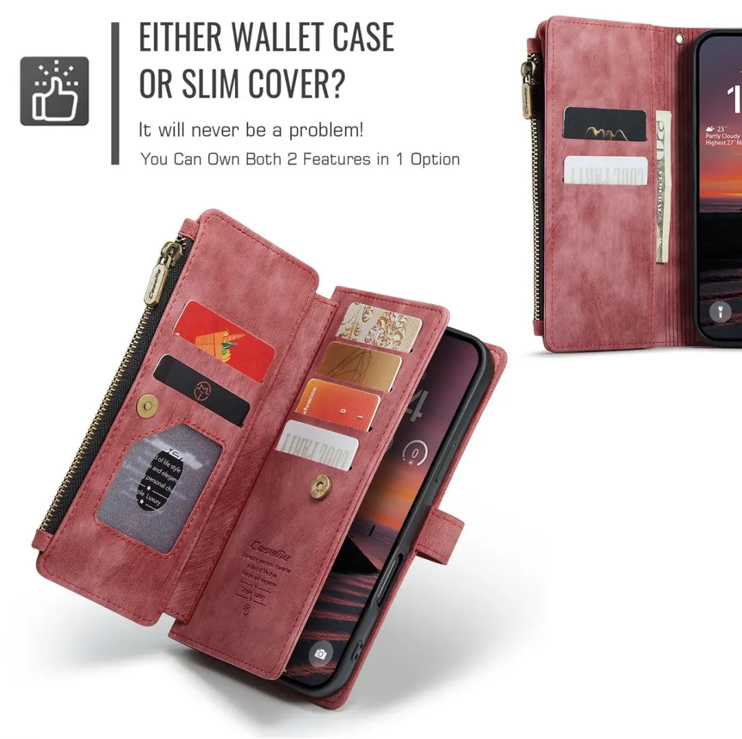 Caseme iPhone 17 Pro PU Hoesje Portemonnee - Rood - 10 Pasjes
