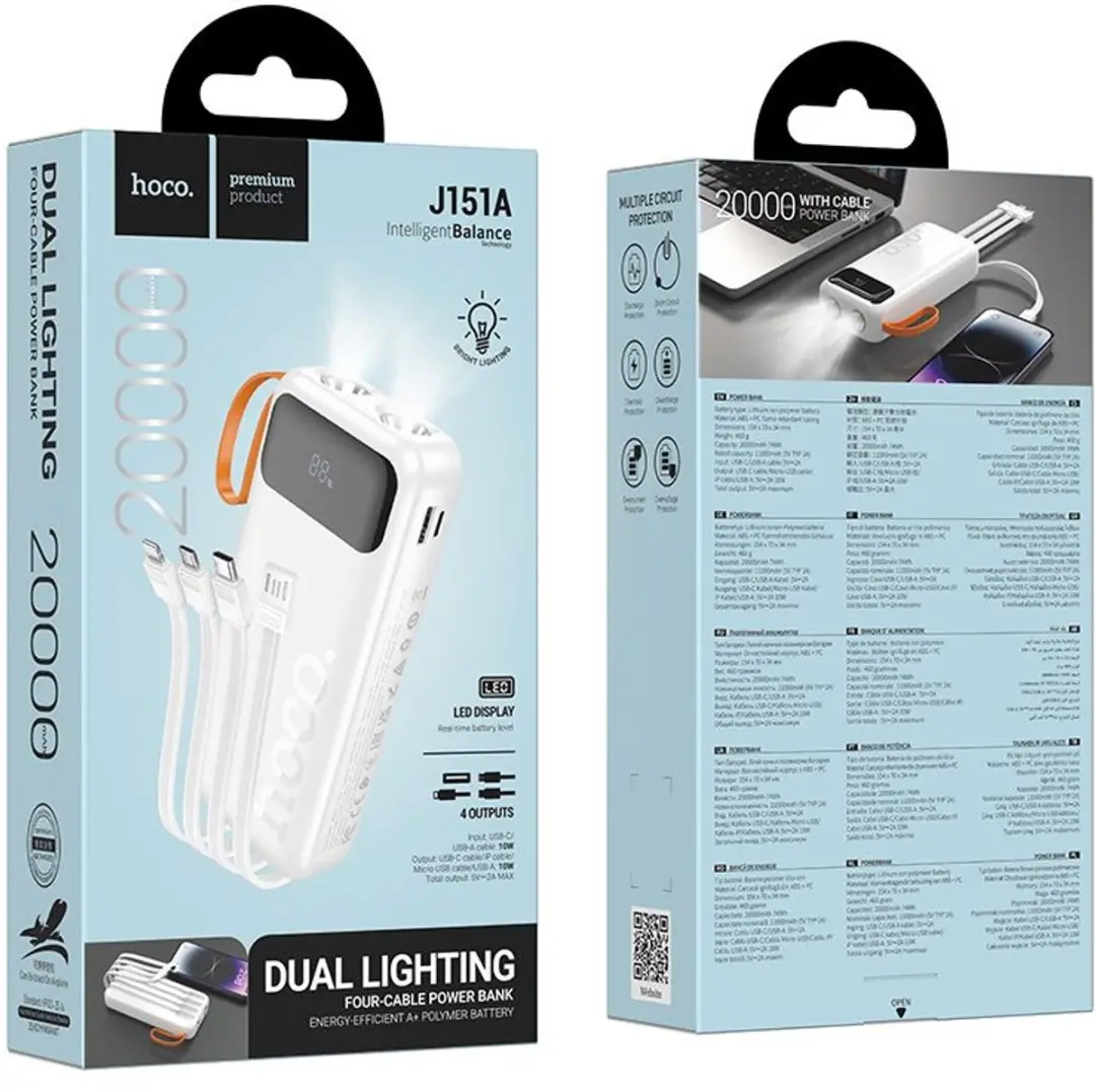 Hoco Powerbank J151A 20.000mAh - Wit - 4x Opladen - afbeelding 6 van 6