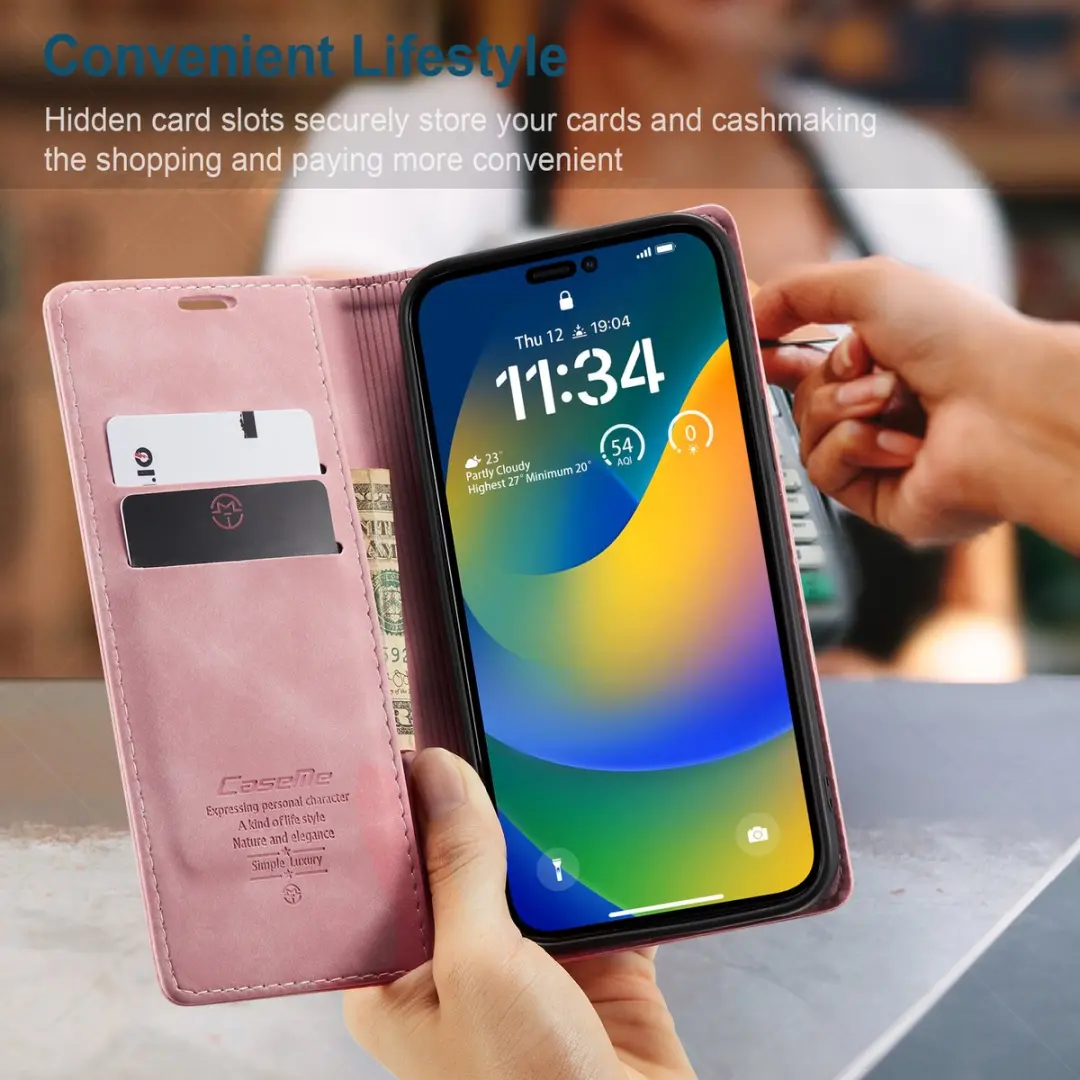 Caseme Retro Bookcase iPhone 14 Pro Max Hoesje - Roze - 2 Pasjes