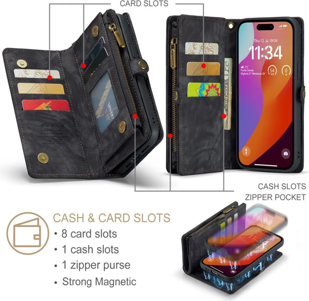Caseme iPhone 16 Pro Hoesje Vintage Portemonnee - 8 Pasjes - Zwart