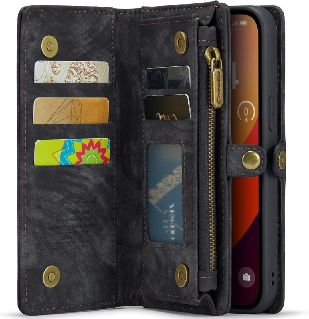 Caseme iPhone 16 Pro Hoesje Vintage Portemonnee - 8 Pasjes - Zwart