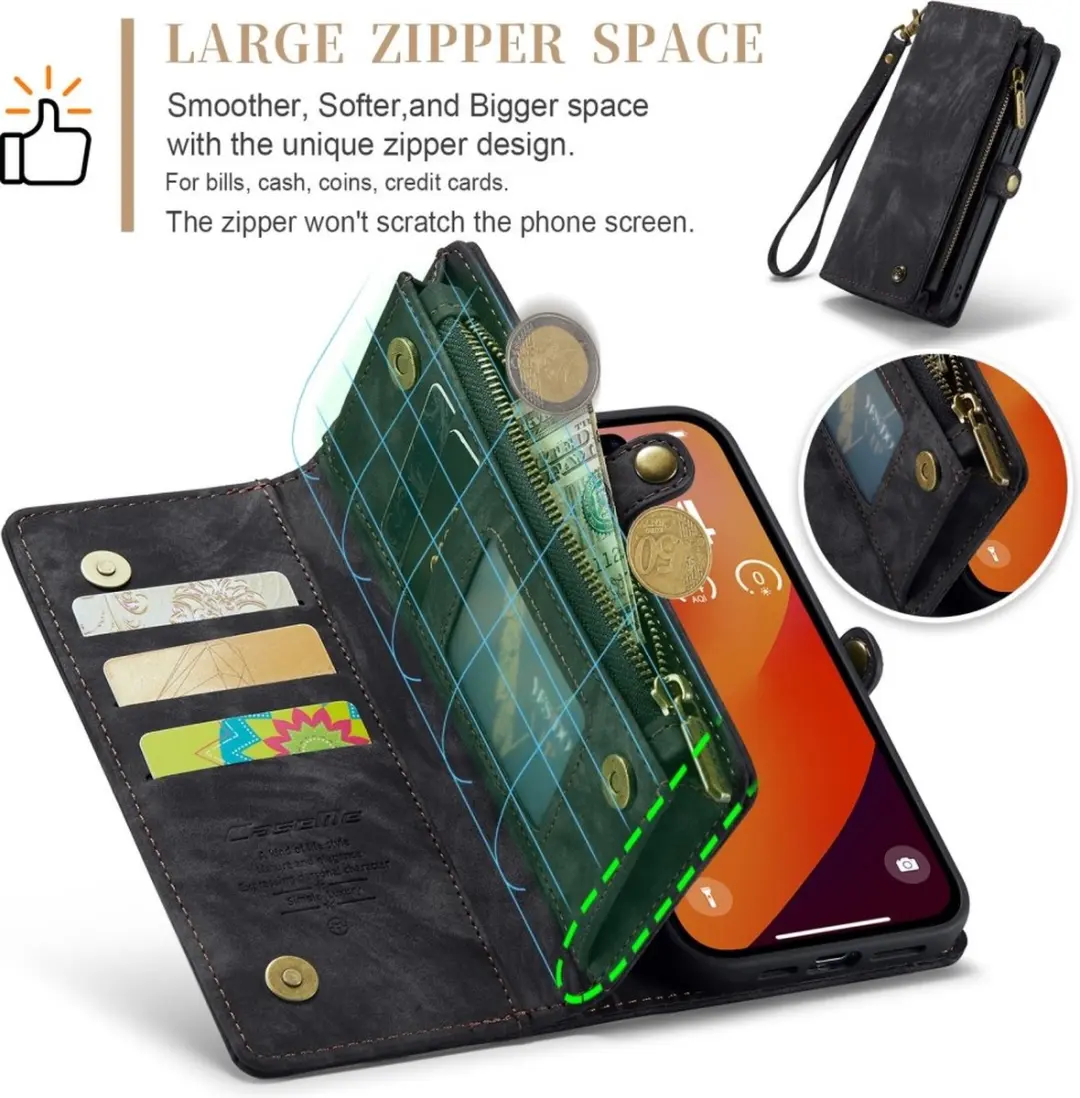 Caseme iPhone 16 Pro Hoesje Vintage Portemonnee - 8 Pasjes - Zwart