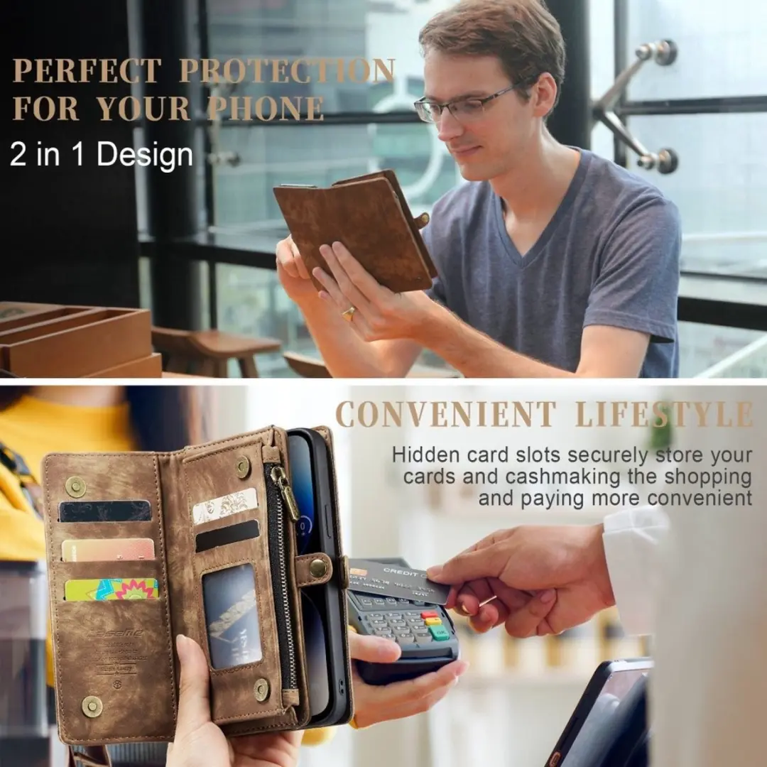 Caseme Vintage 2-in-1 Portemonnee Hoes iPhone 14 Pro Max - 14 Pasjes - Bruin