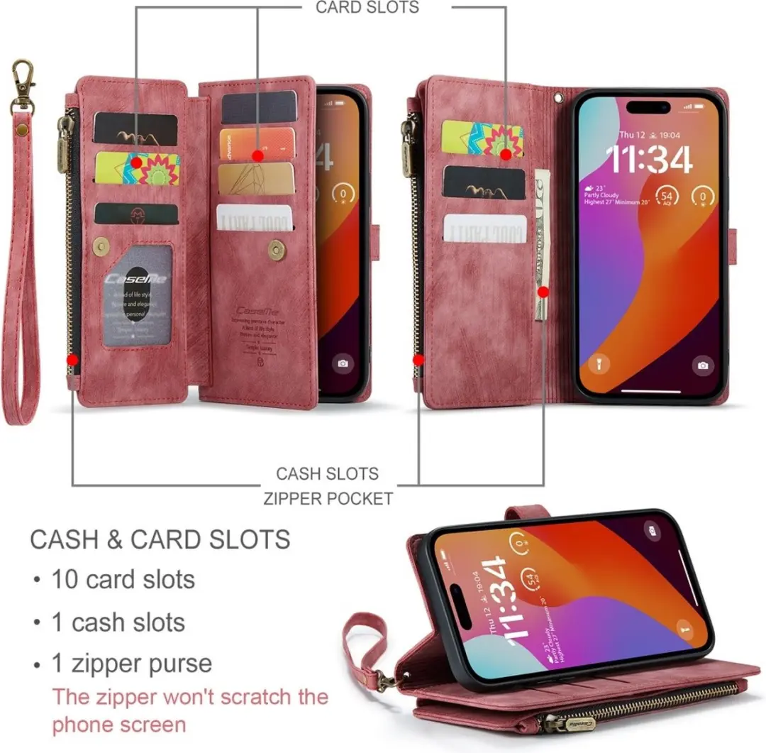 CaseMe C30 Book Case Hoesje iPhone 16 Pro Max - Rood - 10 Pasjes