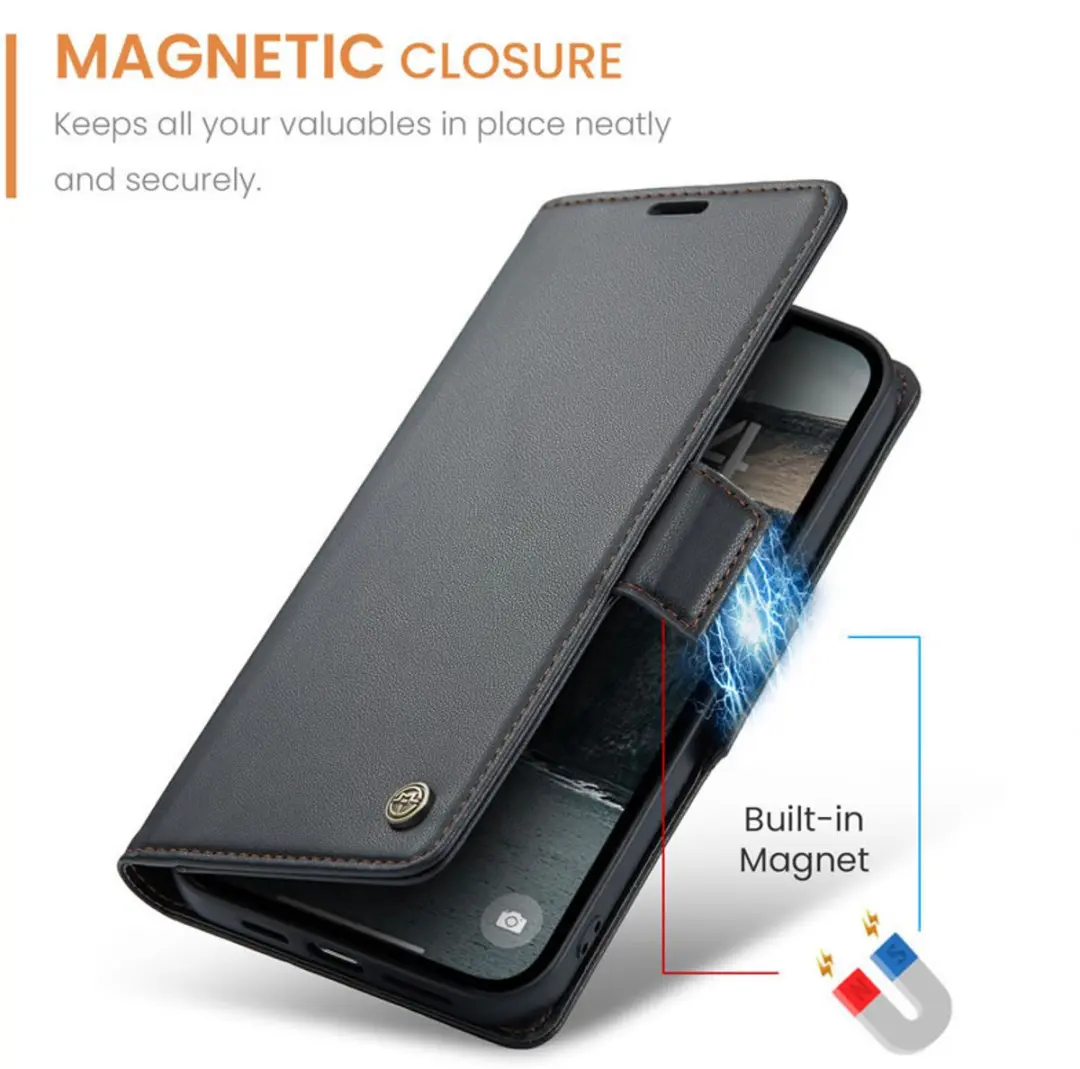 CaseMe Wallet Case iPhone 16/17 - RFID & Magneetsluiting - 3 Pasjes - Zwart