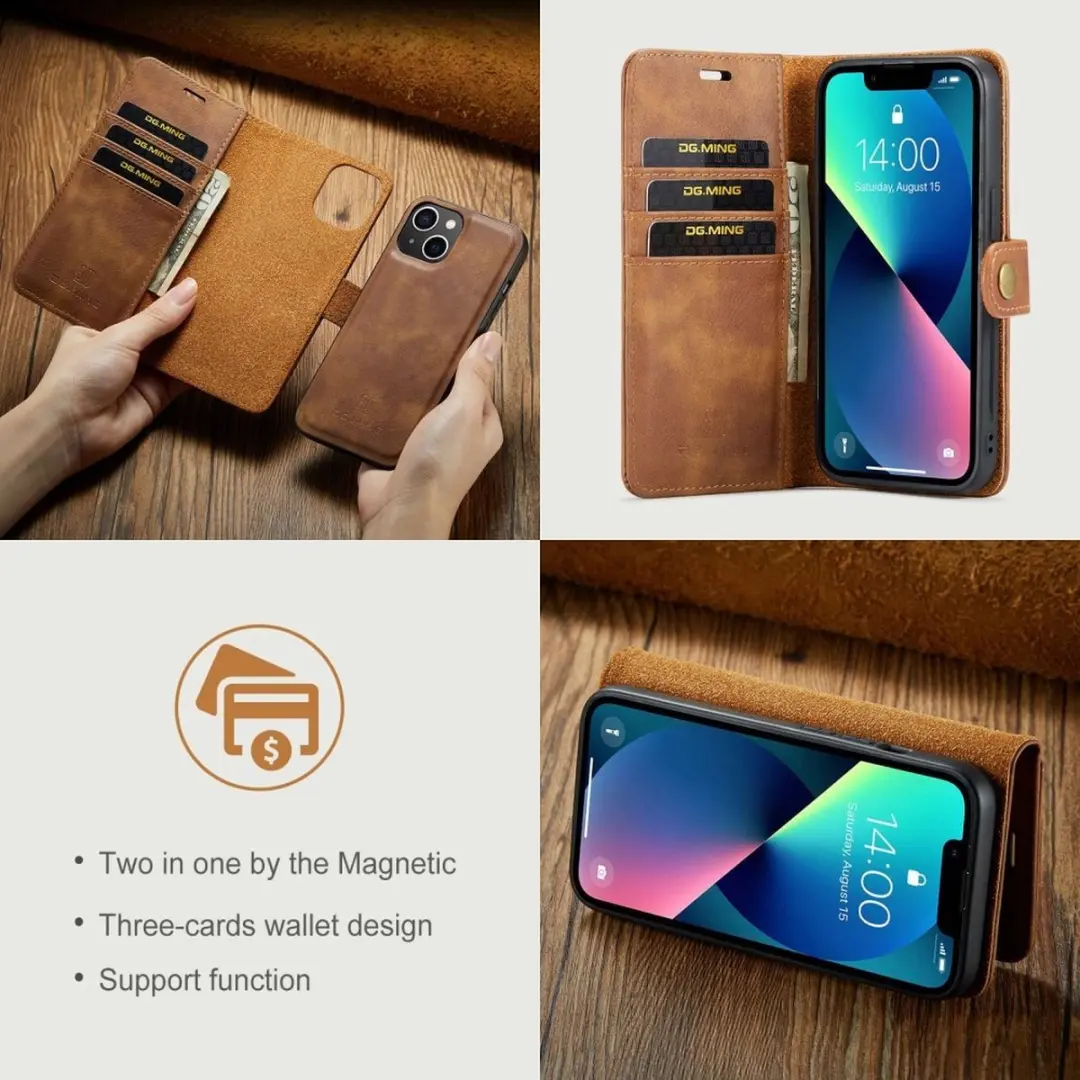 DG.MING iPhone 14 Hoesje 2-in-1 Book Case - Bruin - afbeelding 6 van 6