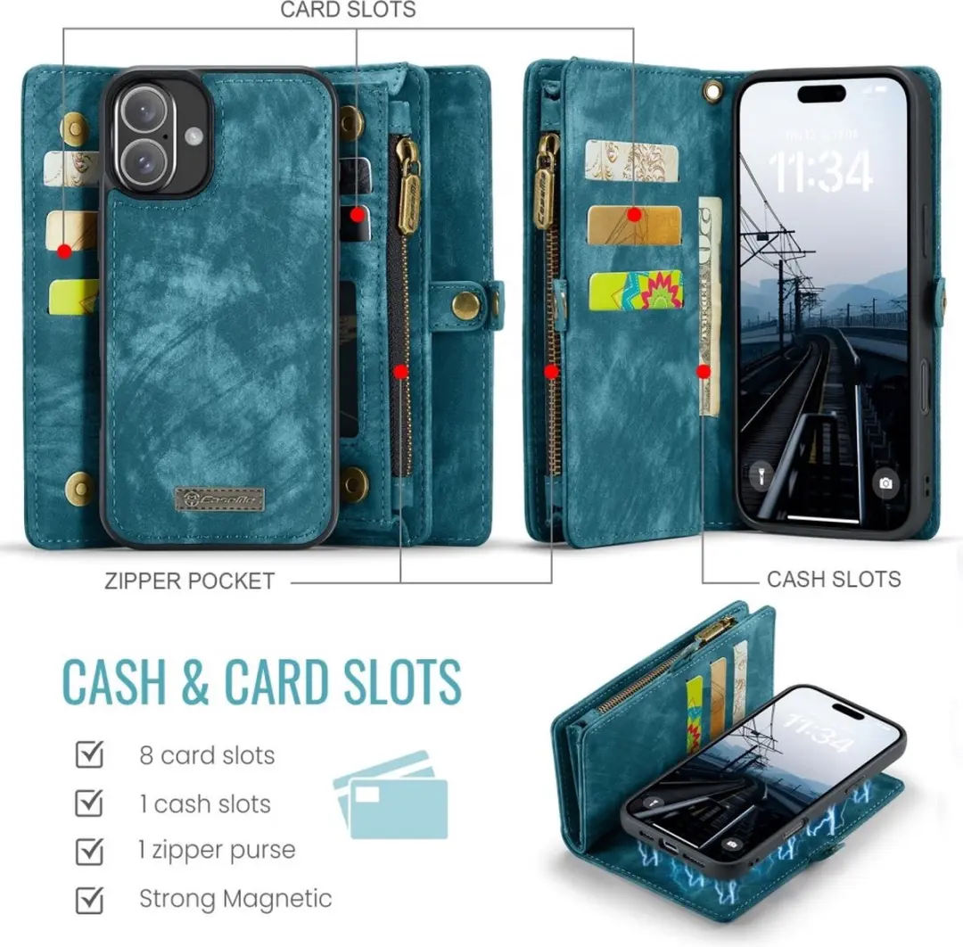 Caseme iPhone 16 Vintage 2-in-1 Hoesje - Blauw - 8 Pasjes