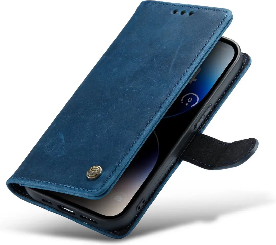 Caseme iPhone 14 Pro Hoesje - Effen Blauw Leer - 3 Pasjes