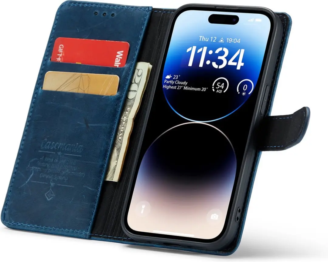 Caseme iPhone 14 Pro Max Hoesje - Effen Blauw Leer - 3 Pasjes